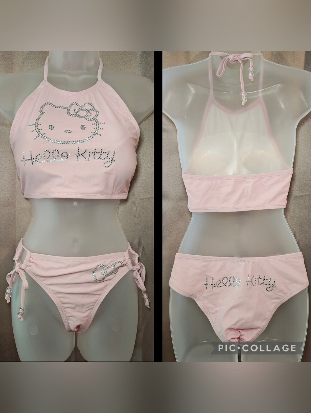 💋NWOT Hello Kitty Hot Topic Pink & Rhinestone Halter Swimsuit BikiniSet💋